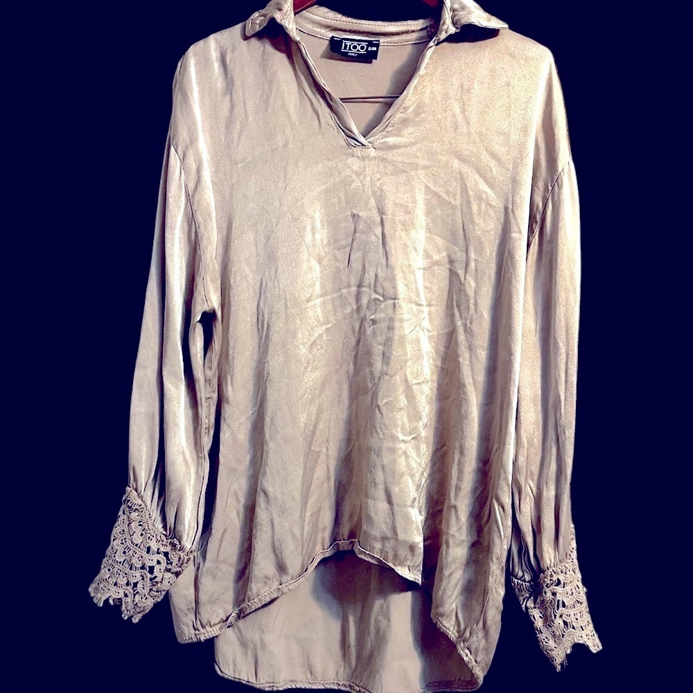 ITOO Made in Italy boho metallic tan lace sleeve top medium / large Women - Picture 5 of 7